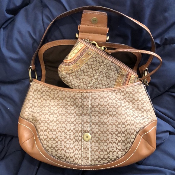 COACH Signature C Jacquard Embroidered Studded Wristlet Hobo Shoulder Bag SET - Picture 3 of 17